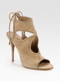 Metal-tip ties back this suede design, with skin-baring cutouts and a daring heel. Self-covered heel, 4½ (115mm)Suede upper with suede metal-tip tiesLeather lining and solePadded insoleMade in Italy Metal-tip ties back this suede design, with skin-baring cutouts and a daring heel. Self-covered heel, 4½ (115mm)Suede upper with suede metal-tip tiesLeather lining and solePadded insoleMade in Italy