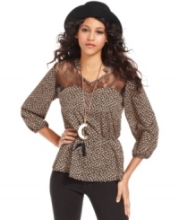Sheer lace and a peplum hem adds fashion-forward femininity to this Bar III printed blouse -- perfect for dressing up denim! Sheer lace and a peplum hem adds fashion-forward femininity to this Bar III printed blouse -- perfect for dressing up denim!