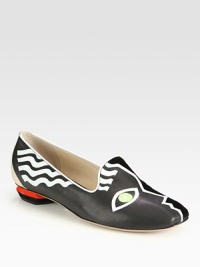 An eye-catching leather silhouette mixed with velvet, metallic accents and vividly painted trim. Leather and velvet upper with metallic leather trimLeather lining and solePadded insoleMade in Italy An eye-catching leather silhouette mixed with velvet, metallic accents and vividly painted trim. Leather and velvet upper with metallic leather trimLeather lining and solePadded insoleMade in Italy