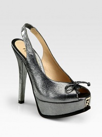 Timeless platform silhouette with a signature logoed insert and elastic slingback strap. Self-covered heel, 5 (125mm)Covered platform, 1 (25mm)Compares to 4 heel (100mm)Metallic fabric upperPeep toeLeather lining and solePadded insoleMade in Italy Timeless platform silhouette with a signature logoed insert and elastic slingback strap. Self-covered heel, 5 (125mm)Covered platform, 1 (25mm)Compares to 4 heel (100mm)Metallic fabric upperPeep toeLeather lining and solePadded insoleMade in Italy