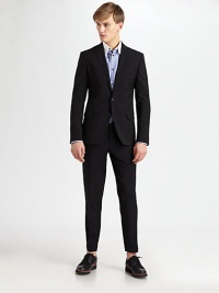 An elegantly modern design tailored in superior wool. Dry Clean. Made in Italy.JACKETTwo-button frontNotched lapelSide ventsChest welt, waist flap pocketsThree button detail at cuffAbout 28 from shoulder to hemPANTFlat frontInseam, about 29 An elegantly modern design tailored in superior wool. Dry Clean. Made in Italy.JACKETTwo-button frontNotched lapelSide ventsChest welt, waist flap pocketsThree button detail at cuffAbout 28 from shoulder to hemPANTFlat frontInseam, about 29