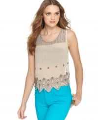 Inspired by Art Deco design, this Bar III tank features high-shine beading & rhinestones for a pretty, party look! Inspired by Art Deco design, this Bar III tank features high-shine beading & rhinestones for a pretty, party look!