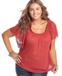 Finish your weekend look with American Rag's short sleeve plus size top, accented by a smocked neckline. Finish your weekend look with American Rag's short sleeve plus size top, accented by a smocked neckline.