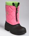 With a colorful fleece lining that peeks out the top, quilted waterproof shell and molded rubber sides and sole, this cozy snowboot is designed for stylish fun all winter long.