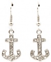 Sparkling Crystal Embellished 3/4 Nautical Anchor Dangle Earrings - Silver Rhodium Plated