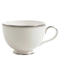 Elegant and modern, this fine china teacup adds subtle definition to the rest of the Dentelle collection. From innovative designer Monique Lhullier, it features a platinum-edged tiered scallop pattern on creamy white. Elegant and modern, this fine china teacup adds subtle definition to the rest of the Dentelle collection. From innovative designer Monique Lhullier, it features a platinum-edged tiered scallop pattern on creamy white.