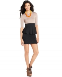A soiree must-have, a ruffled peplum adds on-trend femininity to this Bar III mini dress! A soiree must-have, a ruffled peplum adds on-trend femininity to this Bar III mini dress!