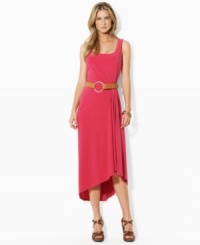 Infused with romantic movement, Lauren by Ralph Lauren's sleek tank dress is crafted with subtle pleating at the waist that creates a fluid draped hemline. Infused with romantic movement, Lauren by Ralph Lauren's sleek tank dress is crafted with subtle pleating at the waist that creates a fluid draped hemline.