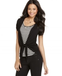BCX makes layering look easy with this tie-front cardigan. Features an attached faux-tee! BCX makes layering look easy with this tie-front cardigan. Features an attached faux-tee!