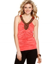 Evoke global cool with this top from Sequins Hearts, where gorgeous beadwork punctuates an awesome ruched tank! Evoke global cool with this top from Sequins Hearts, where gorgeous beadwork punctuates an awesome ruched tank!