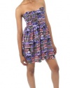 Bar III Dress, Strapless Sweetheart Printed Ruched A Line Black Combo X-Small