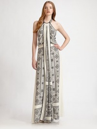 A graphic print in dramatically contrasting tones with solid trim detailing freshens up a classic halter dress design. Self-tie halter neckLong panel in contrast tone on frontContrast trimBack zip closureAbout 46 from natural waistPolyesterDry cleanImportedModel shown is 5'10 (177cm) wearing US size 4. A graphic print in dramatically contrasting tones with solid trim detailing freshens up a classic halter dress design. Self-tie halter neckLong panel in contrast tone on frontContrast trimBack zip closureAbout 46 from natural waistPolyesterDry cleanImportedModel shown is 5'10 (177cm) wearing US size 4.