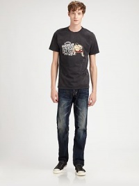 Rich, saturated wash with substantial fading and distressing throughout the leg, finished in a slim-leg silhouette with signature folded back pocket.Five-pocket styleButton flyInseam, about 33CottonMachine washImported Rich, saturated wash with substantial fading and distressing throughout the leg, finished in a slim-leg silhouette with signature folded back pocket.Five-pocket styleButton flyInseam, about 33CottonMachine washImported