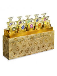 Imagine the Bond No. 9 superstar flacon precisely scaled down to 5 ml. How beguiling! Then imagine a wardrobe of ten such flacons-each containing a different best-selling eau de parfum--standing at attention in a beautifully embossed coffret. What an exquisite dream-gift that will turn any fashionista into a devout perfumista-and vice versa.The scents: Andy Warhol Union Square, Bleecker Street, Bond No. Imagine the Bond No. 9 superstar flacon precisely scaled down to 5 ml. How beguiling! Then imagine a wardrobe of ten such flacons-each containing a different best-selling eau de parfum--standing at attention in a beautifully embossed coffret. What an exquisite dream-gift that will turn any fashionista into a devout perfumista-and vice versa.The scents: Andy Warhol Union Square, Bleecker Street, Bond No.