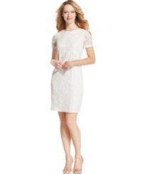 A delicate lace overlay gives this petite Evan Picone shift a feminine feel. Easy to suit to your mood--nude or metallic heels elevate the look while a classic red lip can add pretty punch! A delicate lace overlay gives this petite Evan Picone shift a feminine feel. Easy to suit to your mood--nude or metallic heels elevate the look while a classic red lip can add pretty punch!