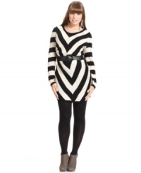 Salute the stripe trend with Belle Du Jour's long sleeve plus size dress, accentuated by a belted waist. Salute the stripe trend with Belle Du Jour's long sleeve plus size dress, accentuated by a belted waist.