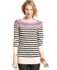 A comfy sweater tunic that packs graphic punch, this pullover from Sweater Project pairs perfectly with your jeans and leggings alike! A comfy sweater tunic that packs graphic punch, this pullover from Sweater Project pairs perfectly with your jeans and leggings alike!