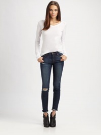 Curve-contouring cigarette jeans with a subtly distressed finish, defined by a comfortable mid rise and slightly tapered silhouette. THE FITRise, about 8Inseam, about 30THE DETAILSButton closureZip flyFive-pocket styleCotton/polyester/elastaneMachine washMade in USAModel shown is 5'10 (177cm) wearing US size 4. Curve-contouring cigarette jeans with a subtly distressed finish, defined by a comfortable mid rise and slightly tapered silhouette. THE FITRise, about 8Inseam, about 30THE DETAILSButton closureZip flyFive-pocket styleCotton/polyester/elastaneMachine washMade in USAModel shown is 5'10 (177cm) wearing US size 4.