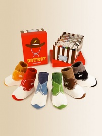 Six pairs of brightly colored cowboy boot-printed socks, packaged in an adorable keepsake box.80% cotton/17% acrylic/3% spandexMachine washMade in USA Six pairs of brightly colored cowboy boot-printed socks, packaged in an adorable keepsake box.80% cotton/17% acrylic/3% spandexMachine washMade in USA