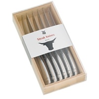 Anytime steak is on the menu, pull out these Maredo steak knives from WMF. Crafted from high quality stainless steel, they feature sharp serrated edges, an ergonomic curved handle and a decorative steer silhouette impressed into the base. Anytime steak is on the menu, pull out these Maredo steak knives from WMF. Crafted from high quality stainless steel, they feature sharp serrated edges, an ergonomic curved handle and a decorative steer silhouette impressed into the base.