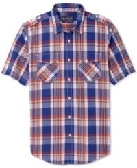 Vibrant plaid and a button details give this American Rag plaid shirt a cool contemporary style. Vibrant plaid and a button details give this American Rag plaid shirt a cool contemporary style.