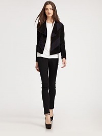 Contrasting, chevron-inspired panels reinvent this velvety leather jacket. Wide collarHook-and-eye closureLong sleevesAbout 22 from shoulder to hemLeatherDry cleanImportedModel shown is 5'10 (177cm) wearing US size Small. Contrasting, chevron-inspired panels reinvent this velvety leather jacket. Wide collarHook-and-eye closureLong sleevesAbout 22 from shoulder to hemLeatherDry cleanImportedModel shown is 5'10 (177cm) wearing US size Small.