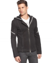 A basic hoodie that's not so basic: Armani Jeans restyles zip up hooded fleece to make it slightly shorter and a bit more body conscious.