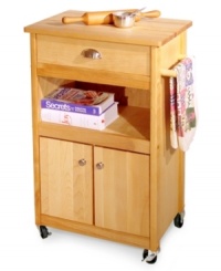 Add essential workspace and storage to your kitchen with this all-wood kitchen cart crafted by Catskill. Featuring an assortment of storage options -- cabinet, shelf or drawer -- and a spacious butcher block top, you'll instantly make your kitchen a more prep-friendly place. One-year warranty. Add essential workspace and storage to your kitchen with this all-wood kitchen cart crafted by Catskill. Featuring an assortment of storage options -- cabinet, shelf or drawer -- and a spacious butcher block top, you'll instantly make your kitchen a more prep-friendly place. One-year warranty.
