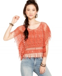 Intricate knit design tells a fashion-forward story on this fringed top from American Rag: an all-americana layer to your jeans and tanks! Intricate knit design tells a fashion-forward story on this fringed top from American Rag: an all-americana layer to your jeans and tanks!