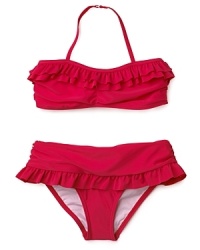 Charming ruffles on the top and bottom doll up this fun bikini for all her trips to the shore. Charming ruffles on the top and bottom doll up this fun bikini for all her trips to the shore.