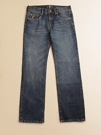 A classic, straight-leg, cotton style featuring rugged, distressed details on its pockets.Button closureZip flyWhiskeringFive-pocket styleBelt loopsMetal rivet details Distressed pocketsCottonMachine washImported A classic, straight-leg, cotton style featuring rugged, distressed details on its pockets.Button closureZip flyWhiskeringFive-pocket styleBelt loopsMetal rivet details Distressed pocketsCottonMachine washImported