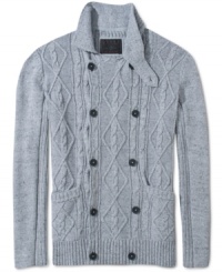 This cardigan has all the coziness of grandpa's favorite sweater, with all the sleek style that is unmistakably Guess Jeans. This cardigan has all the coziness of grandpa's favorite sweater, with all the sleek style that is unmistakably Guess Jeans.