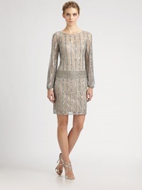 Shimmering of bands of sequined embroidery create a flattering, drop-waist effect on this evening-perfect style.Jewel necklineLong blouson sleevesSequined embroideryConcealed back zip with keyhole button closureFully linedAbout 20 from natural waistNylonSpot cleanImportedModel shown is 5'10 (177cm) wearing US size 4. Shimmering of bands of sequined embroidery create a flattering, drop-waist effect on this evening-perfect style.Jewel necklineLong blouson sleevesSequined embroideryConcealed back zip with keyhole button closureFully linedAbout 20 from natural waistNylonSpot cleanImportedModel shown is 5'10 (177cm) wearing US size 4.