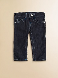 Thick, contrast stitching with neon bartacks, silvertone hardware and signature horseshoe pockets define this slim-fitting, dark wash pair.Front button closureAdjustable waistband with belt loopsZip flyFive-pocket styleCottonMachine washImported of domestic fabric Thick, contrast stitching with neon bartacks, silvertone hardware and signature horseshoe pockets define this slim-fitting, dark wash pair.Front button closureAdjustable waistband with belt loopsZip flyFive-pocket styleCottonMachine washImported of domestic fabric