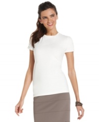 Keep you look classic and effortlessly chic with this short-sleeved crewneck from Alfani. Subtly gathered shoulders give it style, but it's still the perfect backdrop for bold statement jewelry. Keep you look classic and effortlessly chic with this short-sleeved crewneck from Alfani. Subtly gathered shoulders give it style, but it's still the perfect backdrop for bold statement jewelry.