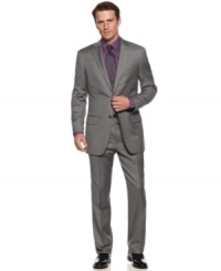 Gray matters. This Tasso Elba pindot suit is the perfect way to bridge the gap between black and blue. Gray matters. This Tasso Elba pindot suit is the perfect way to bridge the gap between black and blue.