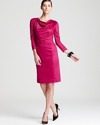 Answer the color call with a jewel-tone BOSS Black dress, outfitted with a rippling cowlneck and subtle ruching for a fluid, feminine silhouette. Answer the color call with a jewel-tone BOSS Black dress, outfitted with a rippling cowlneck and subtle ruching for a fluid, feminine silhouette.