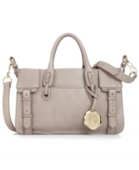 Gong places? Take along this Vince Camuto satchel that's crafted in sumptuous leather with gorgeous gold-tone hardware. Classic buckles adorn the front with demure stud accents, while three separate pockets organize the interior.
