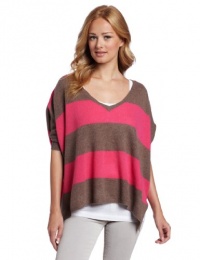 Minnie Rose Women's 100% Cashmere Stripe Pow Wow Top, Brown Sugar/Pink Floyd, Petite/Small