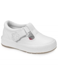 A t-strap twist to classic Keds. Pair these sweet sneaks with dresses or pants, and jazz 'em up with her favorite socks! A t-strap twist to classic Keds. Pair these sweet sneaks with dresses or pants, and jazz 'em up with her favorite socks!