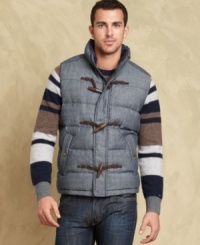 A staple of the season get an upgrade with this toggle front vest from Tommy Hilfiger. A staple of the season get an upgrade with this toggle front vest from Tommy Hilfiger.