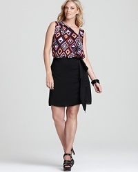 Blending bold colors with graphic prints, this DKNYC Plus dress paves the way for a season of endless style. Play up the flirty silhouette with lofty wedges. Blending bold colors with graphic prints, this DKNYC Plus dress paves the way for a season of endless style. Play up the flirty silhouette with lofty wedges.