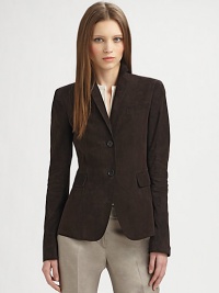 The classic menswear-inspired blazer, rendered in the softest suede and accented with subtly vented cuffs.Notched lapelsButton frontWelt breast pocketFlap pocketsLong sleeves with vented cuffsFully linedAbout 27 from shoulder to hemLeatherDry cleanImportedModel shown is 5'9½ (176cm) wearing US size 4. The classic menswear-inspired blazer, rendered in the softest suede and accented with subtly vented cuffs.Notched lapelsButton frontWelt breast pocketFlap pocketsLong sleeves with vented cuffsFully linedAbout 27 from shoulder to hemLeatherDry cleanImportedModel shown is 5'9½ (176cm) wearing US size 4.