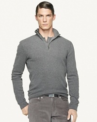 Designed in a French-rib knit from smooth Pima cotton yarns, a trim-fitting half-zip pullover is the pinnacle of luxury with supple leather detailing. Designed in a French-rib knit from smooth Pima cotton yarns, a trim-fitting half-zip pullover is the pinnacle of luxury with supple leather detailing.