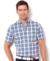 Summer's not done so get in all the sun you can with this preppy plaid shirt from Nautica. Summer's not done so get in all the sun you can with this preppy plaid shirt from Nautica.