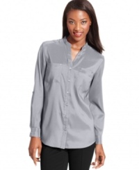 This chic blouse from Style&co. is a versatile top to have in your wardrobe--pair with colored pants or pencil skirts for vibrant ensembles. This chic blouse from Style&co. is a versatile top to have in your wardrobe--pair with colored pants or pencil skirts for vibrant ensembles.