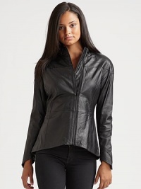 THE LOOKMock neckline Motocross quilted stitching at shoulders Off center front zipper Long sleeves with zip cuffs Princess seamsTHE FITAbout 23 from shoulder to hemTHE MATERIALLeather Silk liningCARE & ORIGINDry clean by a leather specialist Imported THE LOOKMock neckline Motocross quilted stitching at shoulders Off center front zipper Long sleeves with zip cuffs Princess seamsTHE FITAbout 23 from shoulder to hemTHE MATERIALLeather Silk liningCARE & ORIGINDry clean by a leather specialist Imported