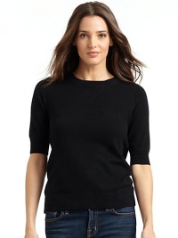 THE LOOKCrewneckInverted triangular topstitching on the front Short sleevesCrisscross back panelsTHE FITAbout 22 from shoulder to hemTHE MATERIALCashmereCARE & ORIGINDry cleanImportedModel shown is 5'8 (173cm) wearing US size Small. THE LOOKCrewneckInverted triangular topstitching on the front Short sleevesCrisscross back panelsTHE FITAbout 22 from shoulder to hemTHE MATERIALCashmereCARE & ORIGINDry cleanImportedModel shown is 5'8 (173cm) wearing US size Small.