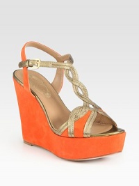 Lively suede wedge with an adjustable metallic leather t-strap. Self-covered wedge, 4½ (115mm)Self-covered platform, 1¾ (45mm)Compares to a 2¾ heel (70mm)Suede and leather upperLeather lining and solePadded insoleImportedOUR FIT MODEL RECOMMENDS ordering true size. Lively suede wedge with an adjustable metallic leather t-strap. Self-covered wedge, 4½ (115mm)Self-covered platform, 1¾ (45mm)Compares to a 2¾ heel (70mm)Suede and leather upperLeather lining and solePadded insoleImportedOUR FIT MODEL RECOMMENDS ordering true size.