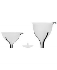 Reign over pouring. This nesting set equips your kitchen to funnel all types of liquids with ease and without spills. Including two funnels with ribbed necks that fit in all sized openings, this set also has a versatile strainer that fits into both funnels, so whisking hot liquids away from food is simple. Reign over pouring. This nesting set equips your kitchen to funnel all types of liquids with ease and without spills. Including two funnels with ribbed necks that fit in all sized openings, this set also has a versatile strainer that fits into both funnels, so whisking hot liquids away from food is simple.